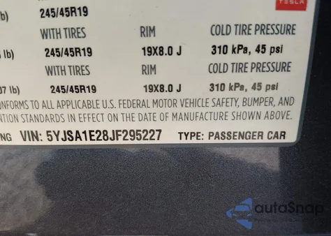 2018 Tesla Model S 100D/75D/P100D z USA, uszkodzony, nr VIN 5YJSA1E28JF295227